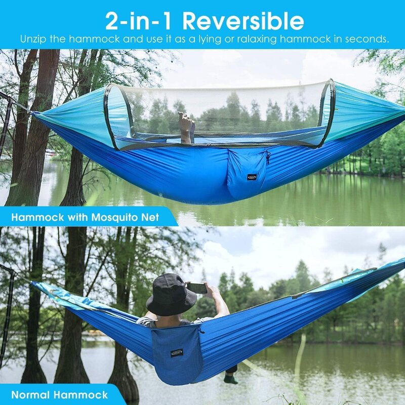 G4Free Large Camping Hammock with Mosquito Net 2 Person Pop-up Parachute Lightweight Hanging Hammocks Tree Straps Swing Hammock