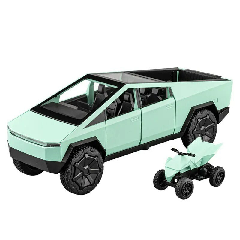 1/32 miniatur mobil mainan Pickup truk Cyber Tesla Diecast Model kendaraan Off Road logam koleksi lampu suara tarik belakang hadiah anak laki-laki