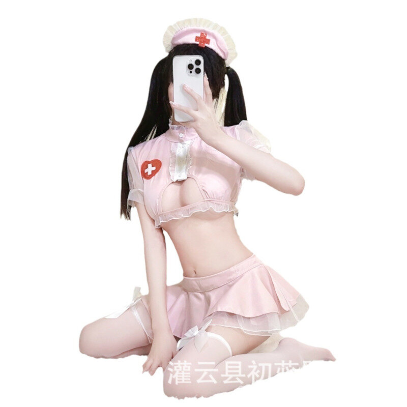 New Style Sweet Cute Sheer Slim Romantic Lace Erotic Sexy Nurse Role Play Hollowed Out Uniform Women Passion Skirt Set TNX6