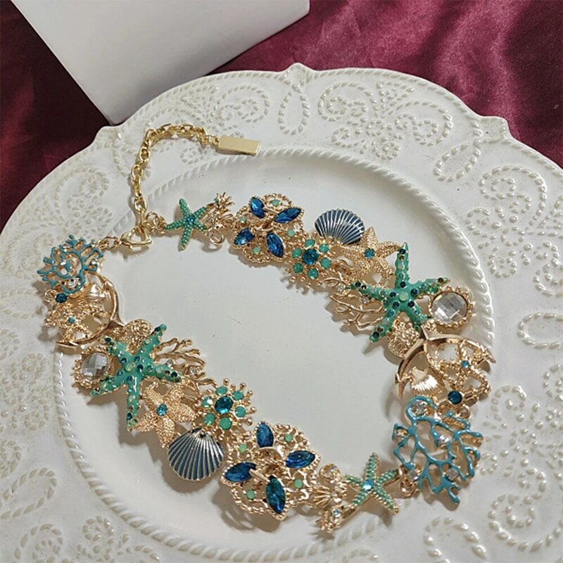 Ensemble de bijoux en diamant incrusté d'étoile de mer de coquillage de style océan vintage pour femmes, collier, bracelet, boucles d'oreilles en argent, ensembles de bijoux pour filles