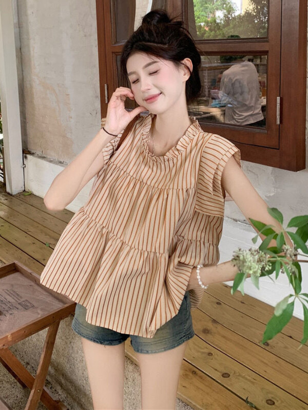 Ruffled Blouses Women Striped Creativity Folds Simple All-match Daily Korean Style Students Leisure Lovely Stylish Tender New