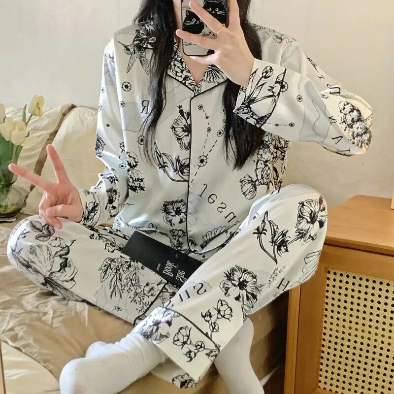 Hoge Kwaliteit Pyjama Vrouwen Lente Herfst V-Hals Nachtkleding Japanse Dunne Ijs Zijde Loungewear Lange Mouwen Homewear Slaapzaal Set