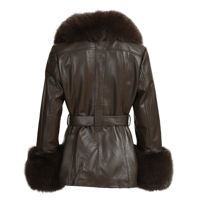 Jaxmonoy-gabardina larga de piel auténtica para mujer, abrigo de piel de oveja con cuello de piel de zorro Real, talla grande, para otoño e invierno, 2022