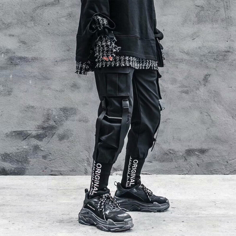 Брюки-карго мужские в стиле Харадзюку, модные штаны в японском стиле, уличная одежда в стиле хип-хоп, джоггеры с ленточными карманами, Techwear