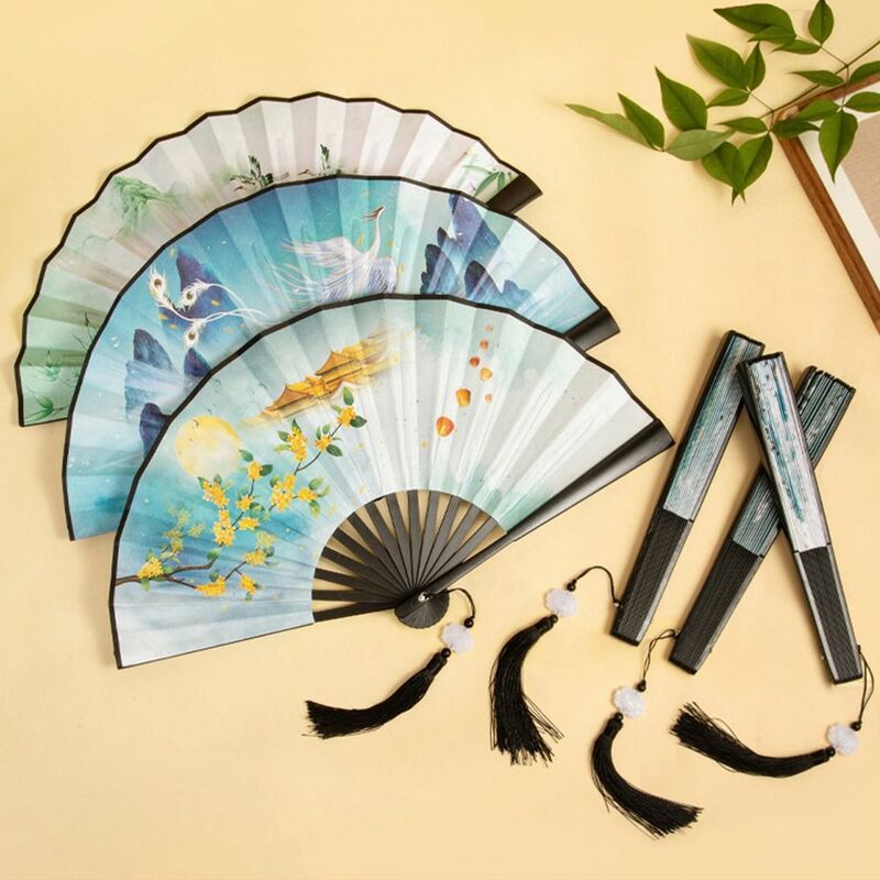 Chinese Japanese Silk Folding Fan Vintage Style Silk Folding Fan  Wooden Shank Classical Dance Fan Tassel Elegent Female Fan
