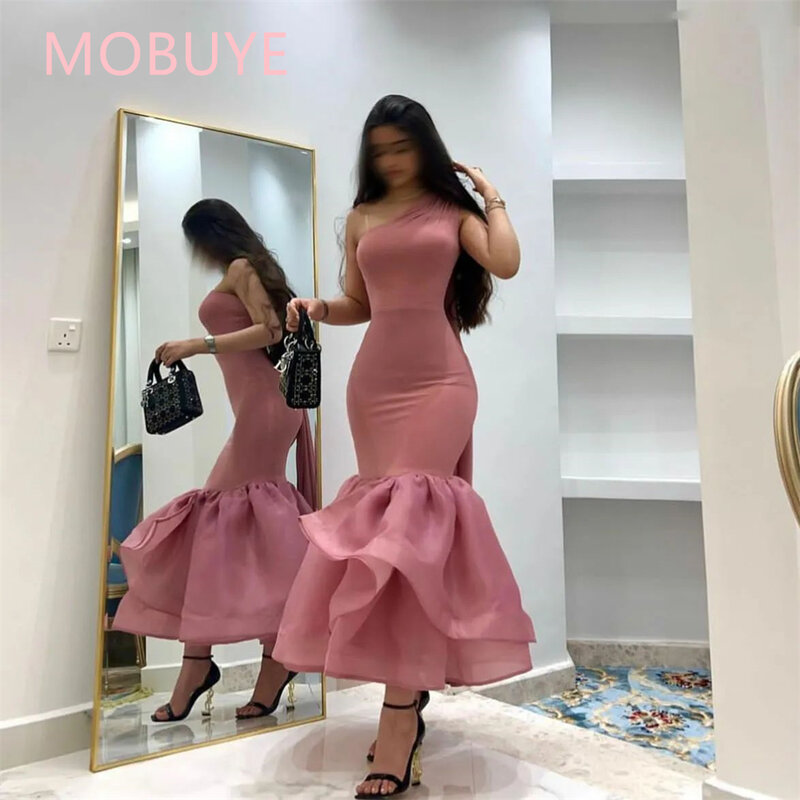 MOBUYE 2024 Arab Dubai One Shoulder Prom Dress Short Sleeves With Ankle Length Evening Fashion Elegant Party Dress For Women
