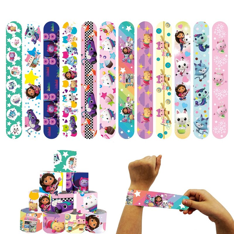 12pcs Gabby Dollhouse Slap bracciali gatti bomboniere regali per feste di compleanno decorazioni per Baby Shower fascia a scatto per bambini ragazze