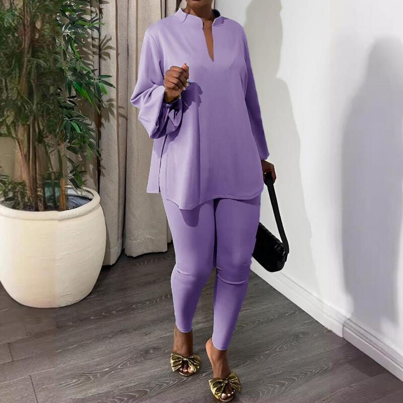 Lady Daily Outfit Chic Women's Stand Collar Top Pants Set Loose Split Hem Blouse Slim Fit Trousers Stylish Daily Wear for Summer