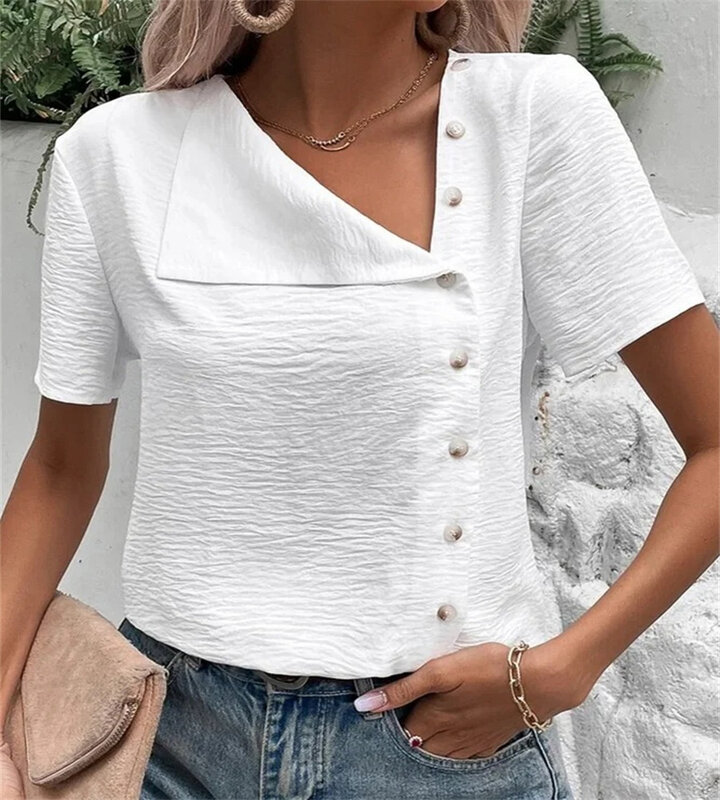 New women's short-sleeved button-up top solid color shirt woman