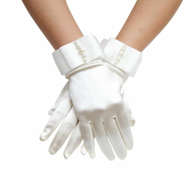 652F Women Short Satin Gloves Elegant Summer Princess Formal Bowknot Mittens for Wedding Dinner Party Pageant Costume Favors