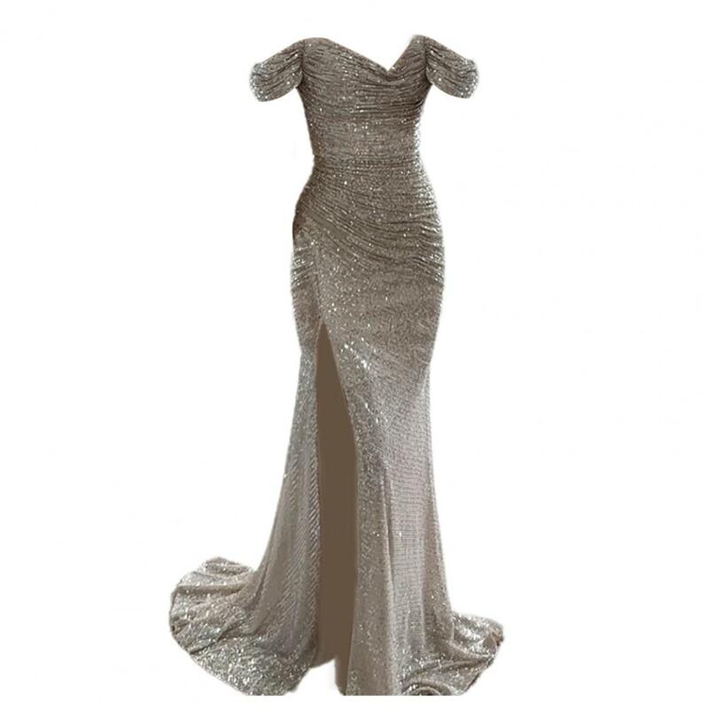 Jednokolorowa sukienka z długim rękawem wieczorowa sukienka na imprezę bal elegancka z cekinami pod dekoltem w szpic bez ramion sukienka Maxi na wieczorowe na imprezę bal