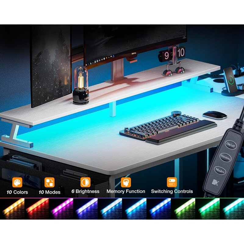 ODK reversível L Shaped Desk Computador, Mesa Gaming com 4 camadas de tecido gavetas, luzes LED, USB Power Outlets, 55"