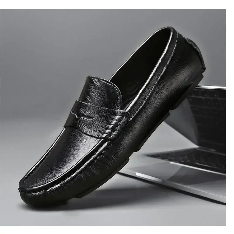 Mocassins de couro de um pedal masculino, fundo macio, sapatos casuais, superfície macia, mocassins de direção