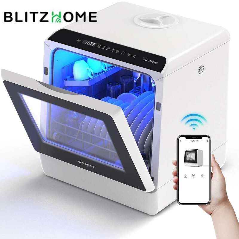 Blitzhomeコンパクト食器洗い機、ポータブルカウンタートップ、5 lビルトインウォータータンク、インレットホース、5つのプログラム