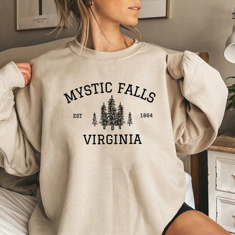 Sudadera con capucha de manga larga para hombre y mujer, suéter Unisex de manga larga con estampado de "Mystic Falls", ideal para regalo