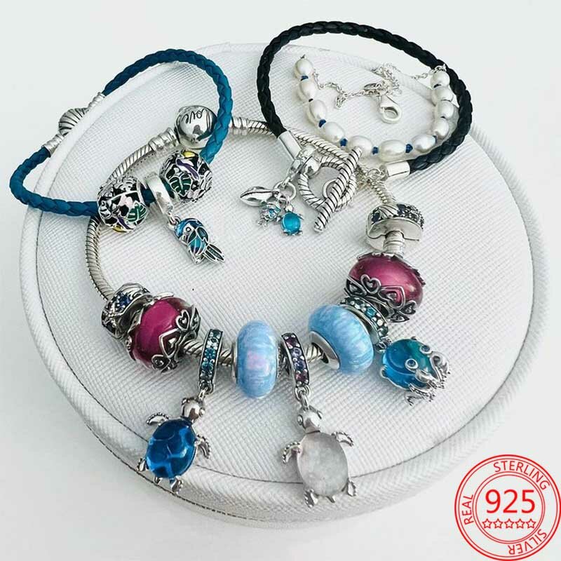 Colorato vetro di Murano rosa e blu tartaruga marina ciondola Charm Fit Pandora bracciale in argento Sterling 925 accessori per gioielli da donna