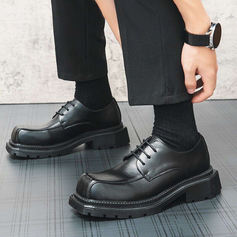 Sapatos de trabalho de sola grossa de couro genuíno masculino, sapatos grandes, moda de rua casual, marca designer