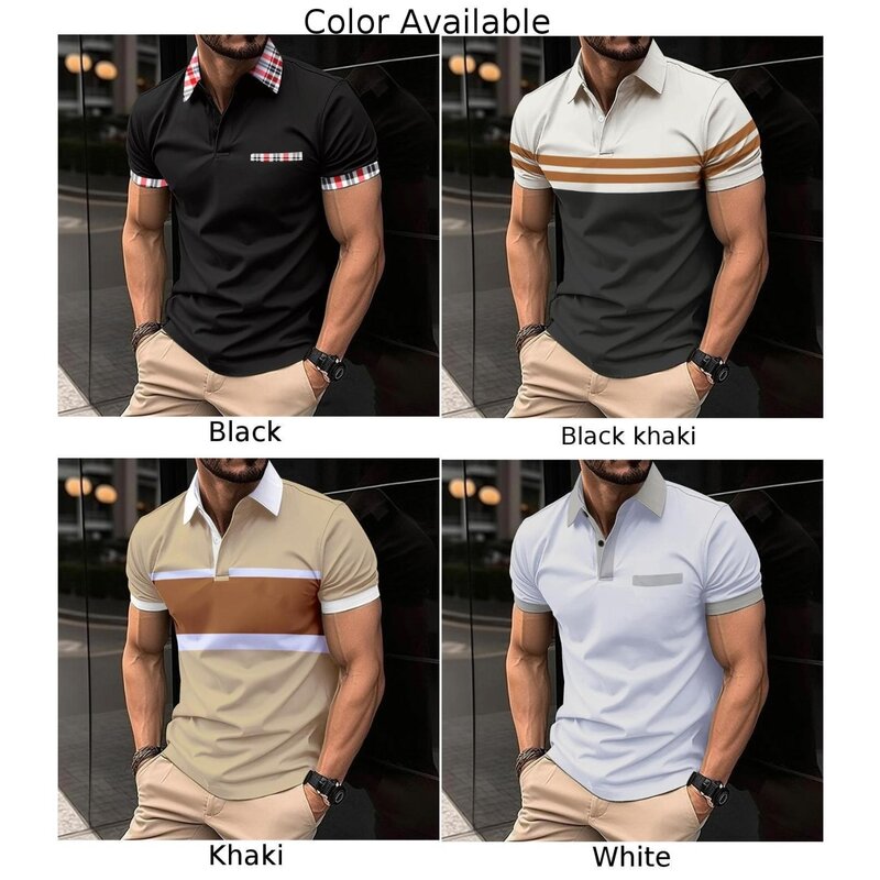 Camiseta de poliéster masculina casual verão, tops com listras esportivas, blusa de gola de botão, regular, confortável