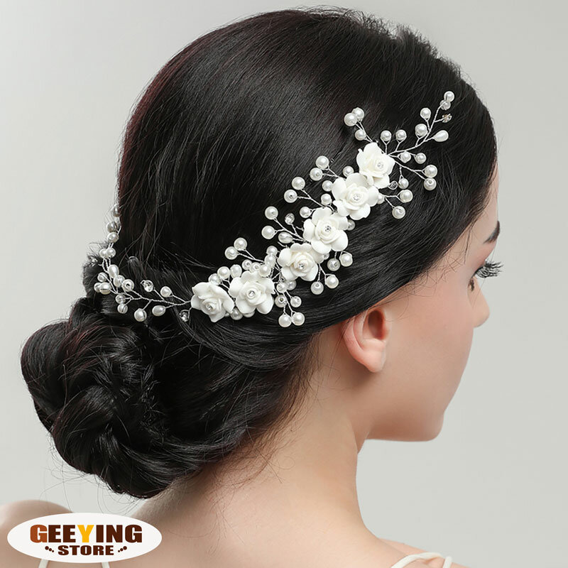 Ikat rambut pengantin bunga mutiara buatan tangan, aksesori rambut bunga keramik lembut, ikat kepala Dekorasi fotografi pernikahan