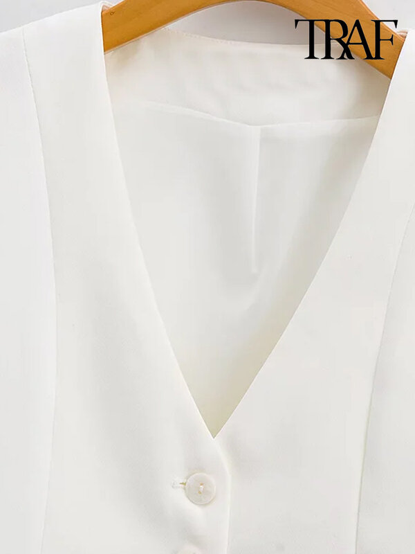 เสื้อกั๊กวินเทจคอวีแขนกุดสำหรับผู้หญิงเสื้อนอกกระดุมหน้าแฟชั่นสำหรับผู้หญิง Traf