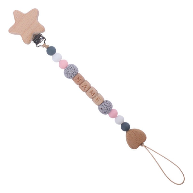 Cadena de Clip para chupete de bebé, mordedor seguro de madera con nombre personalizado, estrellas, juguetes de dentición para masticar, soporte para pezones