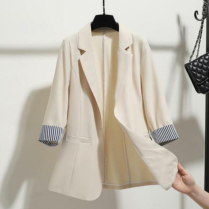 Casaco casual feminino de comprimento médio, casaco de terno elegante, gola virada para baixo, mangas de três quartos, botão único para formal