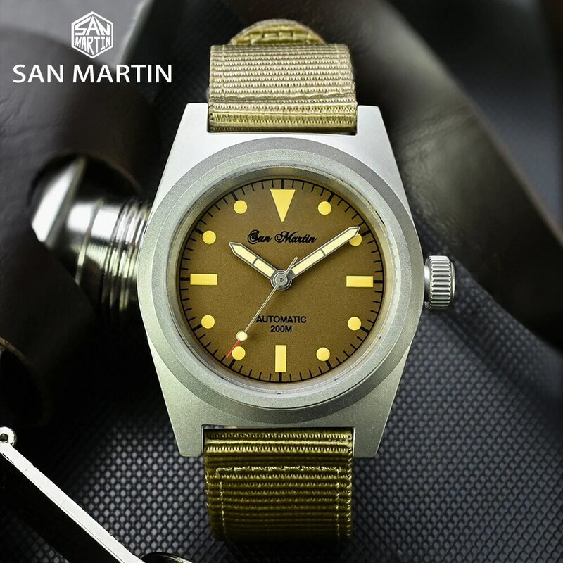 San Martin jam tangan Pilot pria, arloji militer NH35 38mm baja tahan karat, jam tangan mekanis otomatis tahan air 200M bercahaya