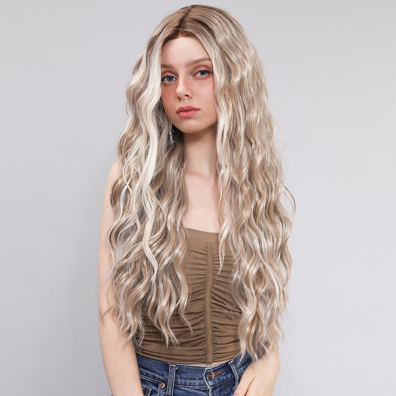 Smilco Omber Brown T-Part 13X5X1 Lace Front Synthetic Wave Wigs For Women Invisible Lace Front Preplucked Wig Heat Resistant