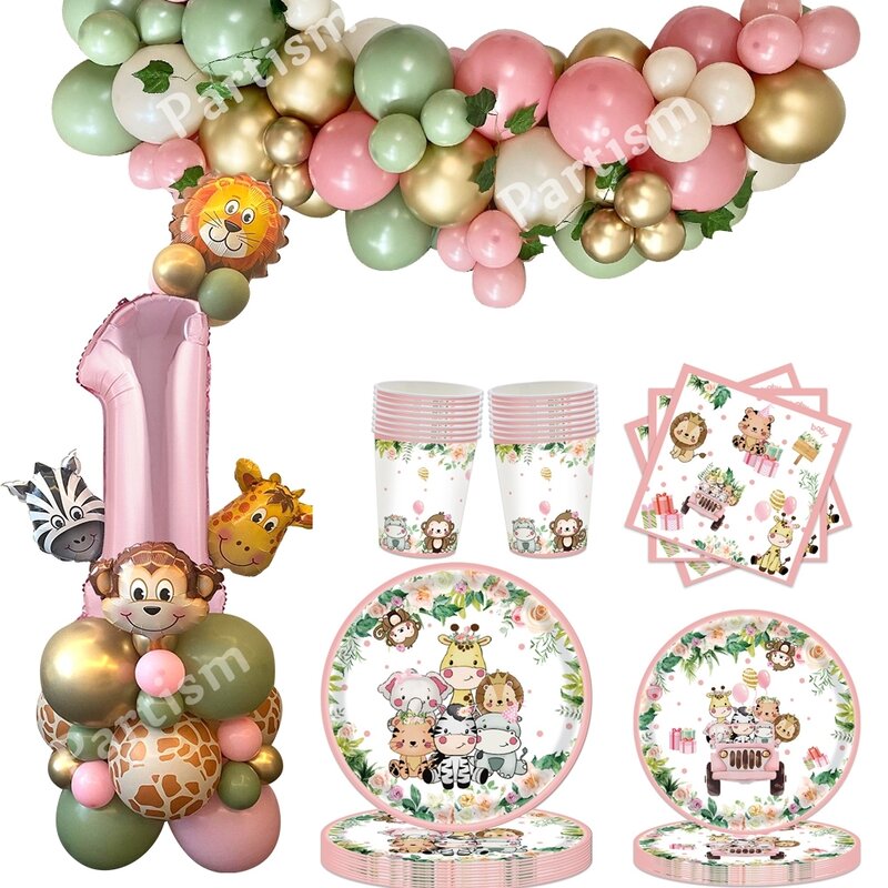 Torre de globos de animales salvajes de cartón con vajilla de animales rosas para niñas, decoraciones de fiesta de cumpleaños de jungla temática salvaje, 1 Juego