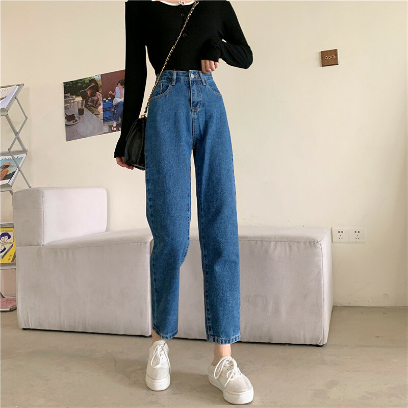 Dames Spijkerbroek Met Rechte Pijpen 2024 Jeans Met Hoge Taille Voor Vintage Streetwear-Modekleding Voor Dames Blauwzwart Klassieker