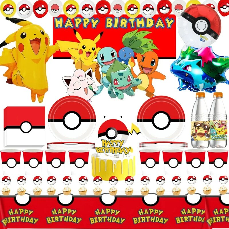 Pokemon วันเกิดตกแต่ง Poke Ball Disposable Tableware แผ่นถ้วยผ้าปูโต๊ะ Pikachu บอลลูนอาบน้ำเด็ก Kids Party Supplies