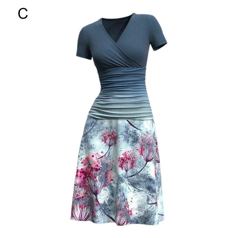 Gaun Midi motif bunga untuk wanita, Gaun berpergian leher-o lengan pendek, gaun A-line dengan pinggang berlipat 3d untuk wanita