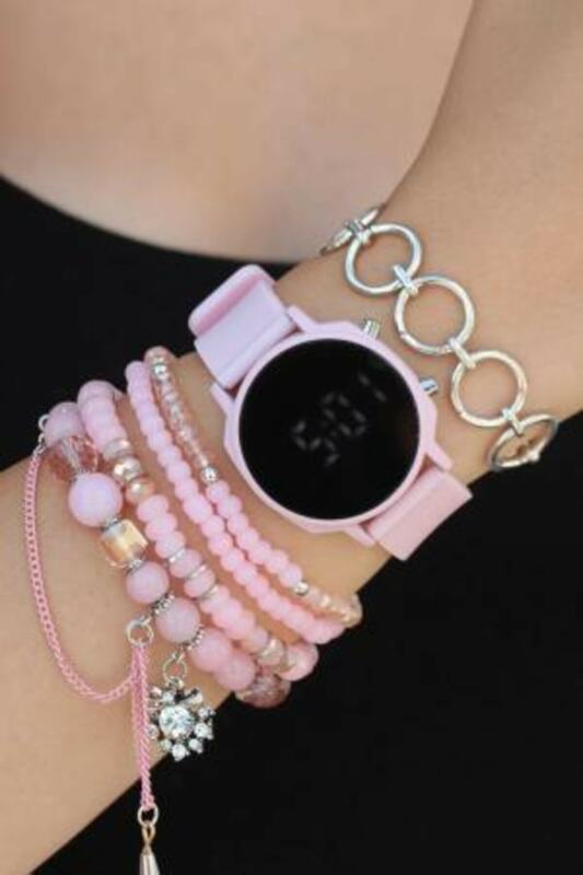 Pink Silicone Watchband Led Display Digital Watch and Bracelet