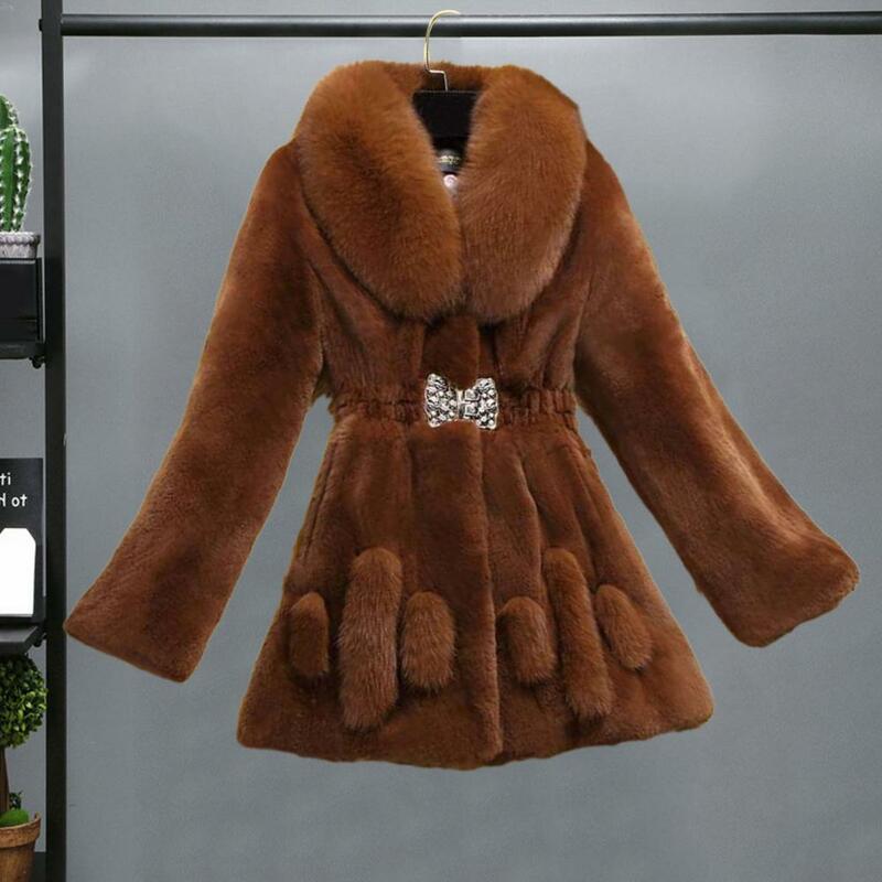 여성용 단색 두꺼운 플러시 오버코트, 라펠 긴팔, 신축성 허리 버클 디자인, 인조 모피, 따뜻한 코트, 가을, 겨울