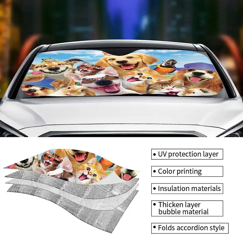 صورة سيلفي للحيوانات ظل الشمس للسيارات والقطط ، واقي شمس للسيارة ، سهل الاستخدام ، يناسب معظم الزجاج الأمامي ، الصور