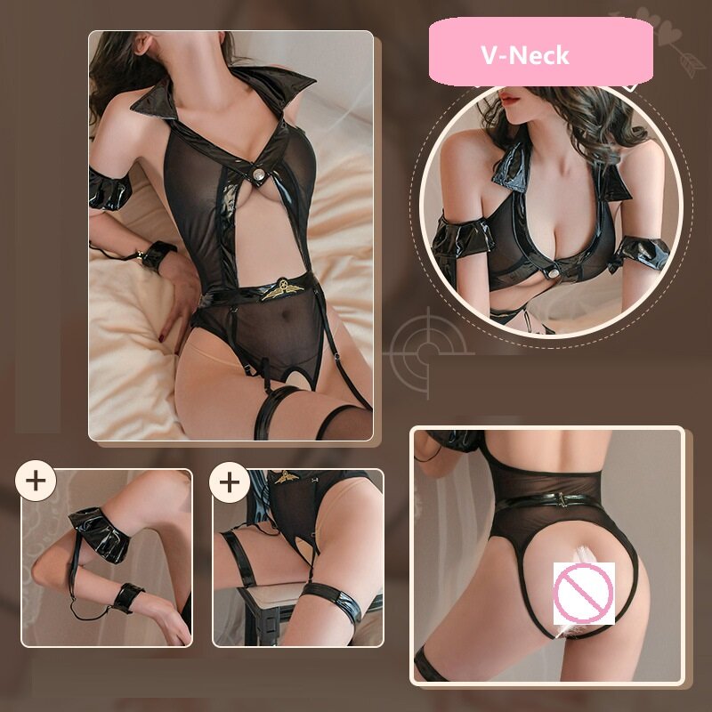 Wholesale Women's Sexy Mesh Transparent Roleplay Police Uniform Adult Lady Hollow Out Open Crotch Cosplay Lingerie Bodysuit