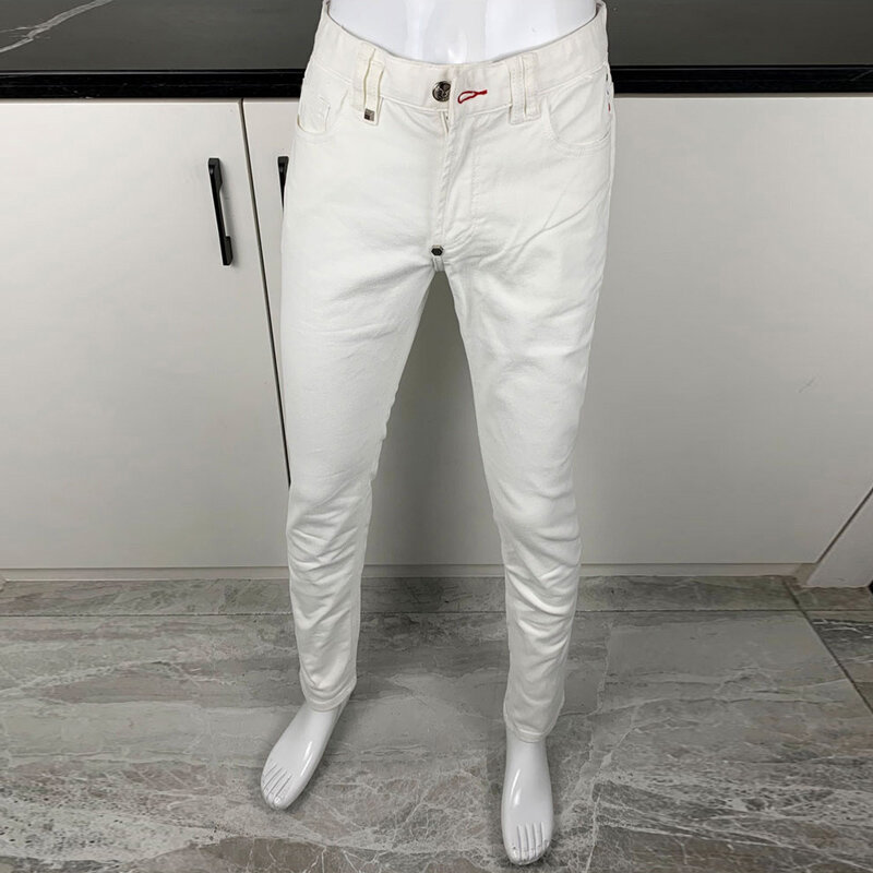 Джинсы мужские стрейчевые, уличная одежда, модные облегающие белые джинсы, винтажные дизайнерские Брендовые брюки из денима