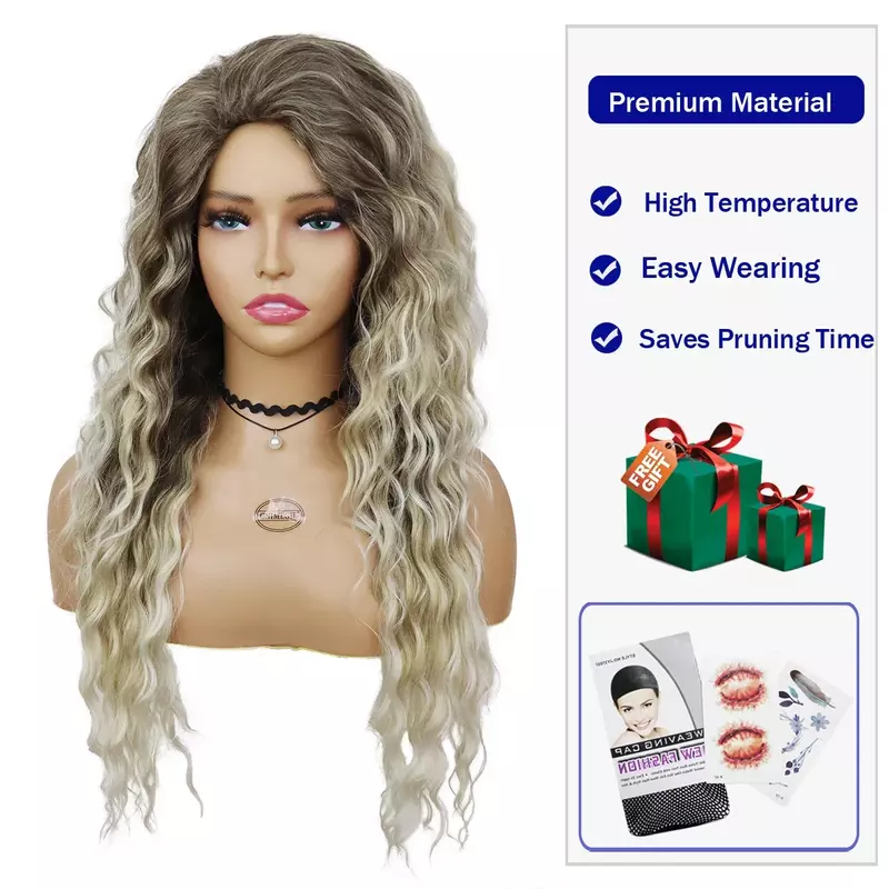 Wig Ash pirang sintetis Wig rambut keriting panjang untuk wanita Wig Ombre bergelombang model rambut halus Wig pesta karnaval Wig keriting reguler