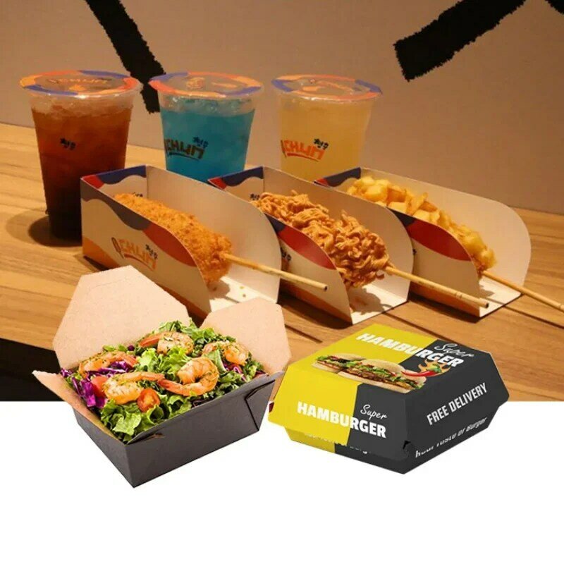 Customized productCustom logo eco disposable restaurant to go fast food salad packaging kraft paper fried chicken take out conta