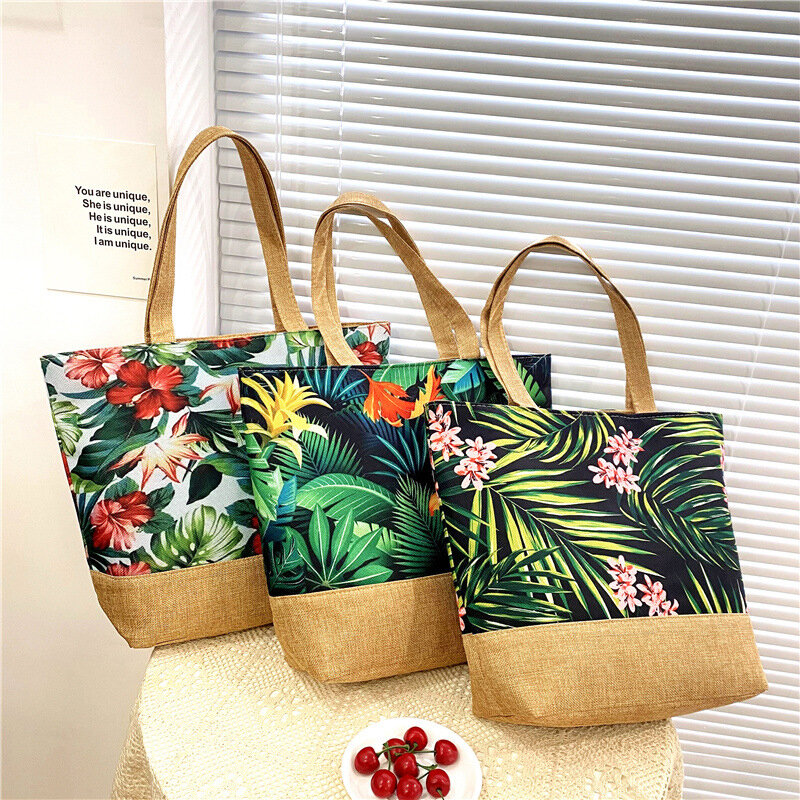 Messenger Bag das mulheres folhas impressas bolsas de lona grande capacidade Totes moda feminina Zipper portátil Beach Shoulder Bag
