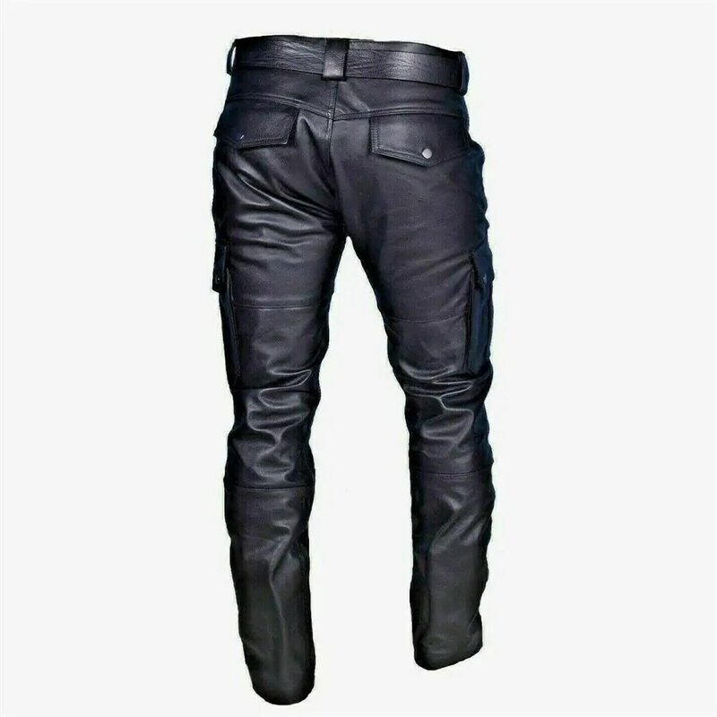 男性の革のオートバイのズボン貨物ポケット、黒、puパンツなしベルト、男性のズボンビッグサイズS-5XL