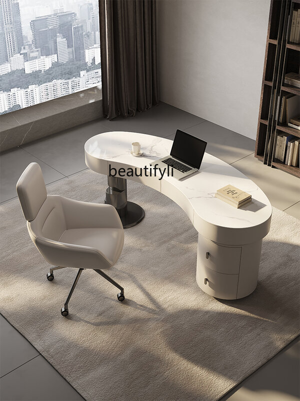 Escritorio de placa de piedra minimalista italiano, escritorio minimalista moderno, sillín de alta gama, escritorio de computadora de cuero