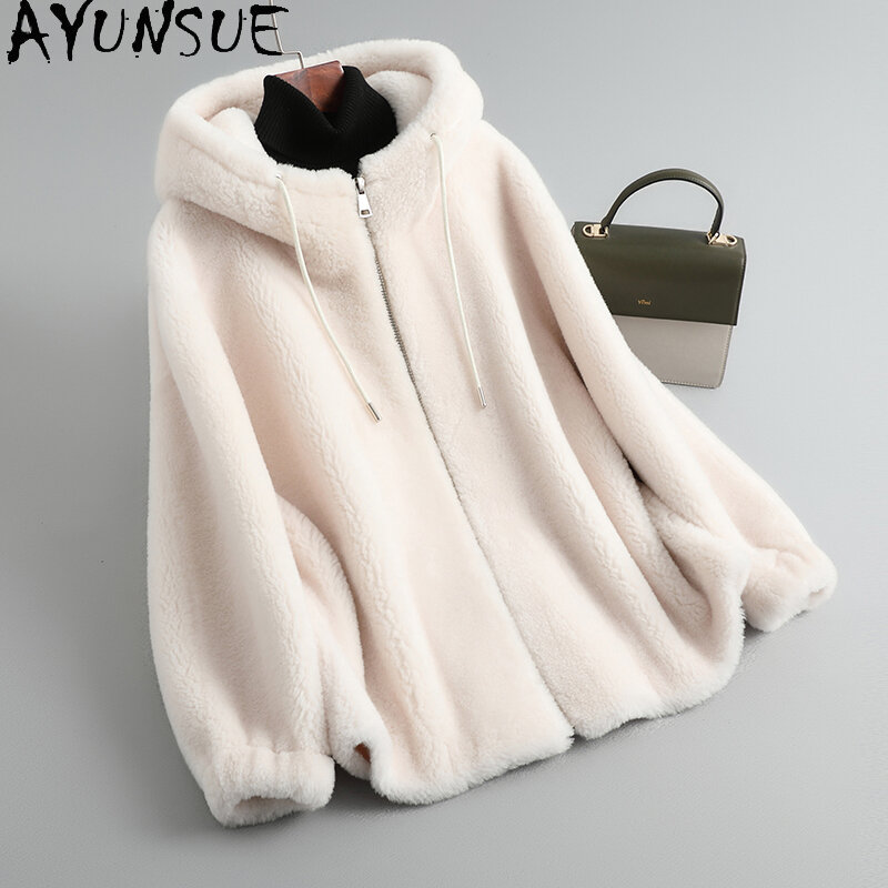 AYUNSUE 여성용 100% 알갱이 울 코트, 후드 양 전단 재킷, 루즈 아우터, 2023 가을 겨울