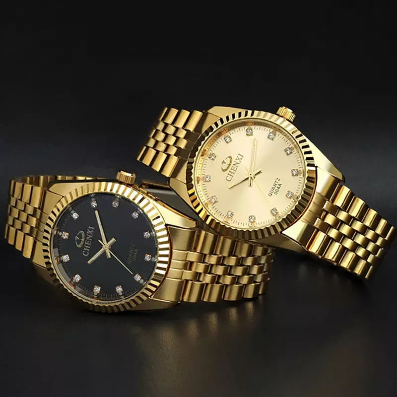 Reloj de lujo dorado para hombre y mujer, pulsera minimalista de acero inoxidable, resistente al agua