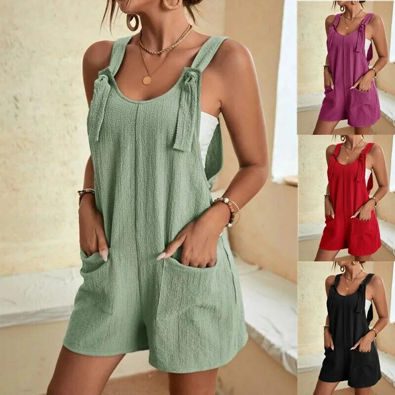 2023 Women's Summer Clothing S-5XL Casual Loose Sleeveless Round Neck Fashion Halter Shorts Female Jumpsuit Suspenders Beach