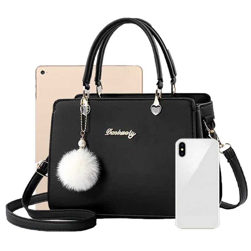 Mulheres Plush Ball Decor Handbag Moda Satchel Bag Bolsa elegante e sacola PU Leather Top Handle Shoulder Bags