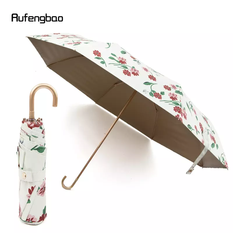 Gouden Bloem Dames Heren Paraplu, Automatische Paraplu, Opvouwbare UV-Bescherming Zonnige En Regenachtige Dagen Winddichte Paraplu