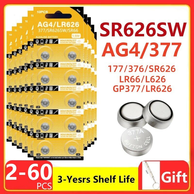 2 buah-50 buah baterai tombol 1.55 AG4 377 V SR626SW SR626 baterai Alkaline koin sel 177 376 626A LR66 LR626 untuk jam mainan