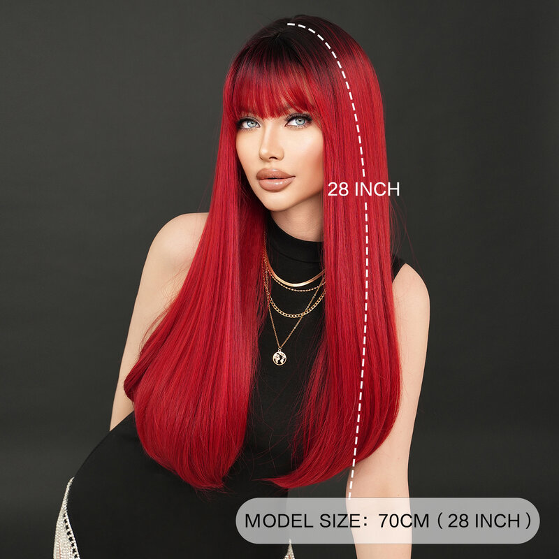 NAMM-pelucas largas y rectas para mujer, cabello sintético resistente al calor, con raíces oscuras, uso diario, alta densidad, color rojo profundo