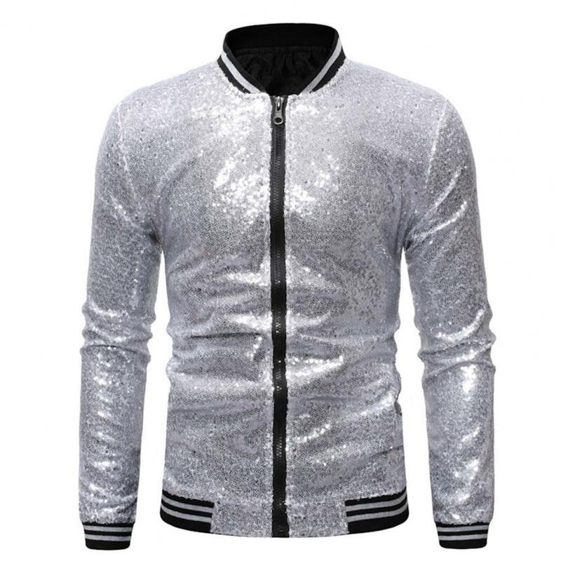 Men Sequin Jacket Sequin Men's Stand Collar Jacket with Shiny Long Sleeves Slim Fit Zipper Closure Mid Length for Stage Shows
